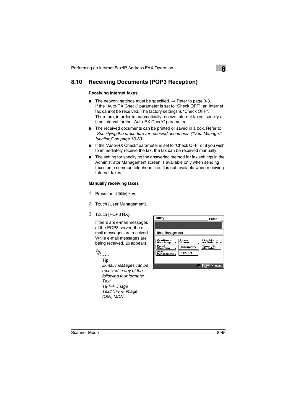 10 receiving documents (pop3 reception), Receiving internet faxes, Manually receiving faxes | Receiving documents (pop3 reception) -45 | Minolta Scanner Mode User Manual | Page 172 / 314