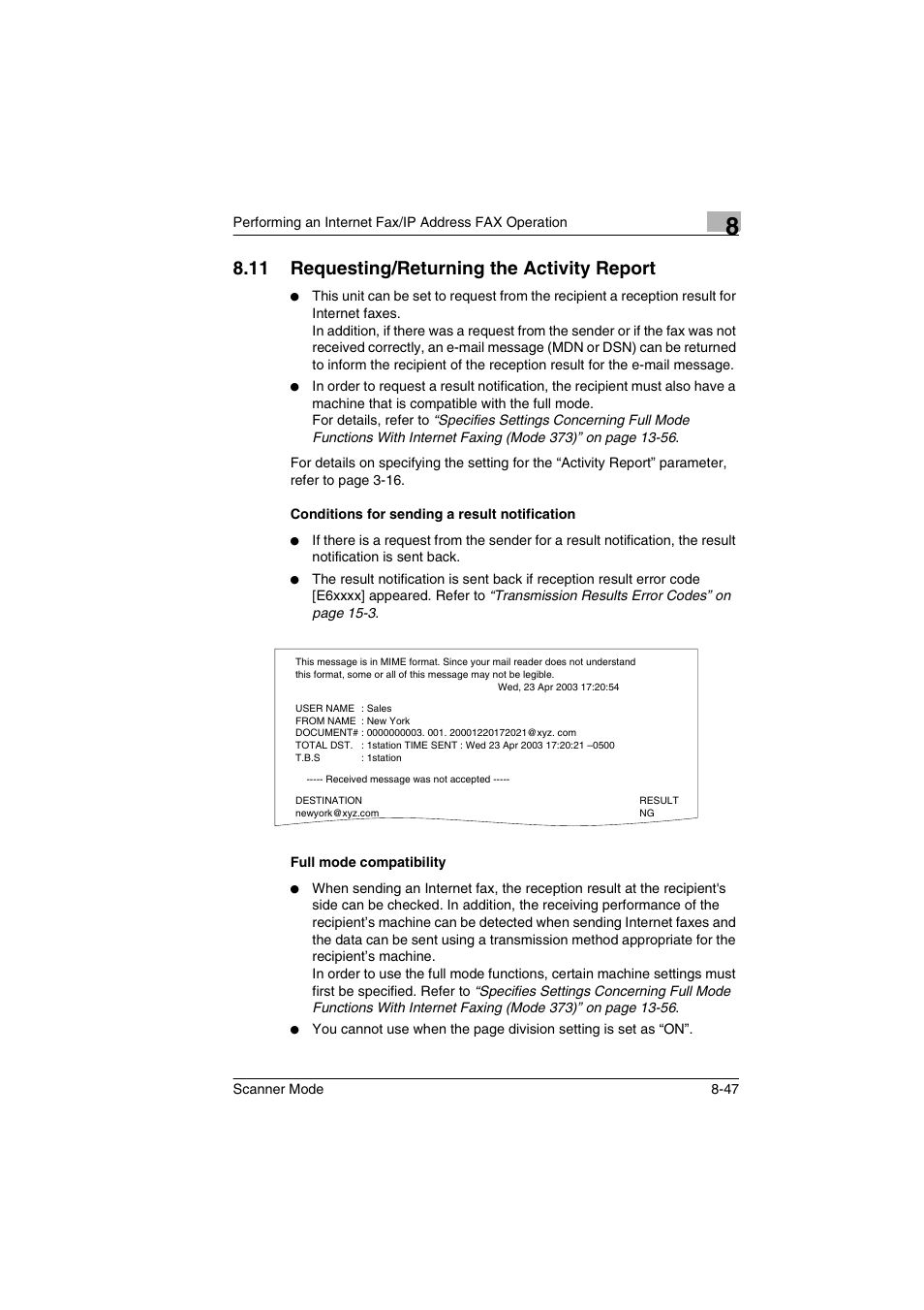 11 requesting/returning the activity report, Conditions for sending a result notification, Full mode compatibility | Requesting/returning the activity report -47 | Minolta Scanner Mode User Manual | Page 174 / 314