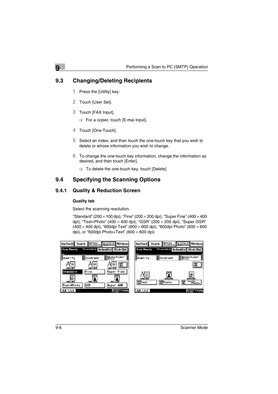 3 changing/deleting recipients, 4 specifying the scanning options, 1 quality & reduction screen | Quality tab, Changing/deleting recipients -6, Specifying the scanning options -6, Quality & reduction screen -6 quality tab -6 | Minolta Scanner Mode User Manual | Page 181 / 314