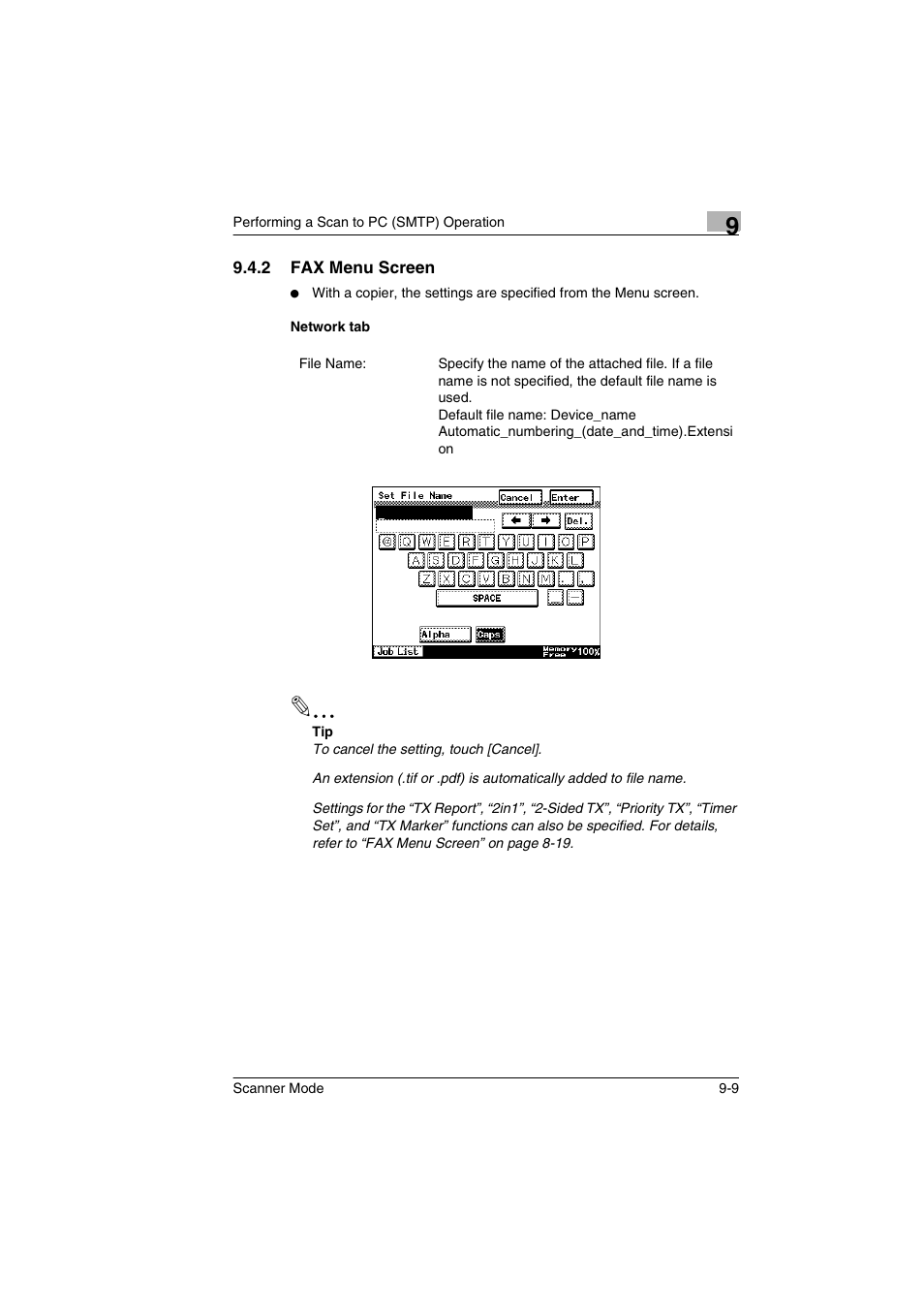 2 fax menu screen, Network tab, Fax menu screen -9 network tab -9 | Minolta Scanner Mode User Manual | Page 184 / 314