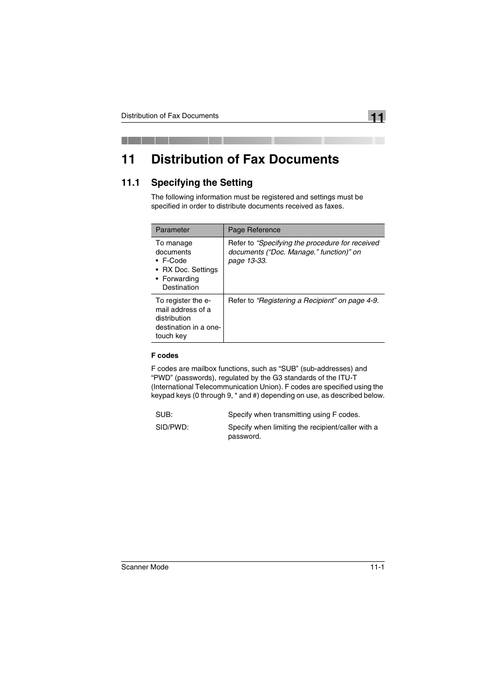 11 distribution of fax documents, 1 specifying the setting, F codes | Specifying the setting -1, F codes -1 | Minolta Scanner Mode User Manual | Page 212 / 314