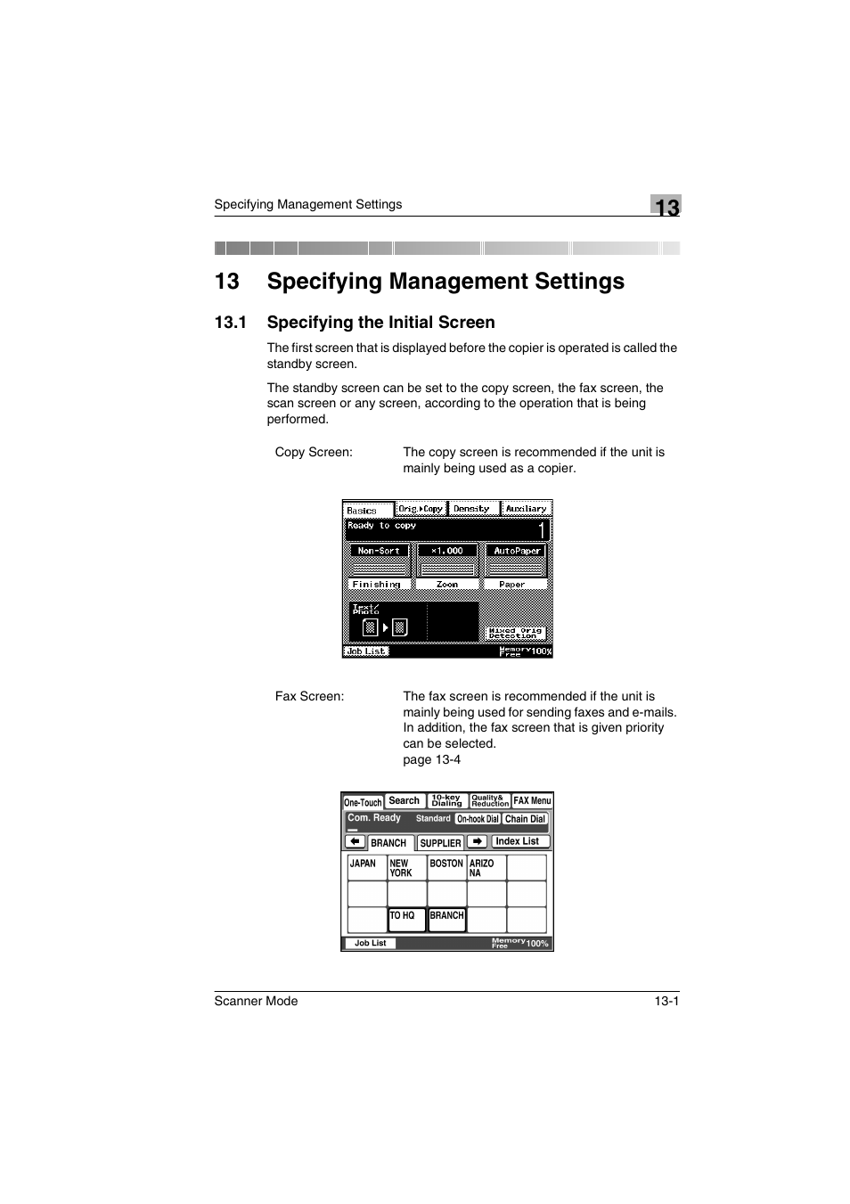 13 specifying management settings, 1 specifying the initial screen, Specifying the initial screen -1 | Minolta Scanner Mode User Manual | Page 220 / 314