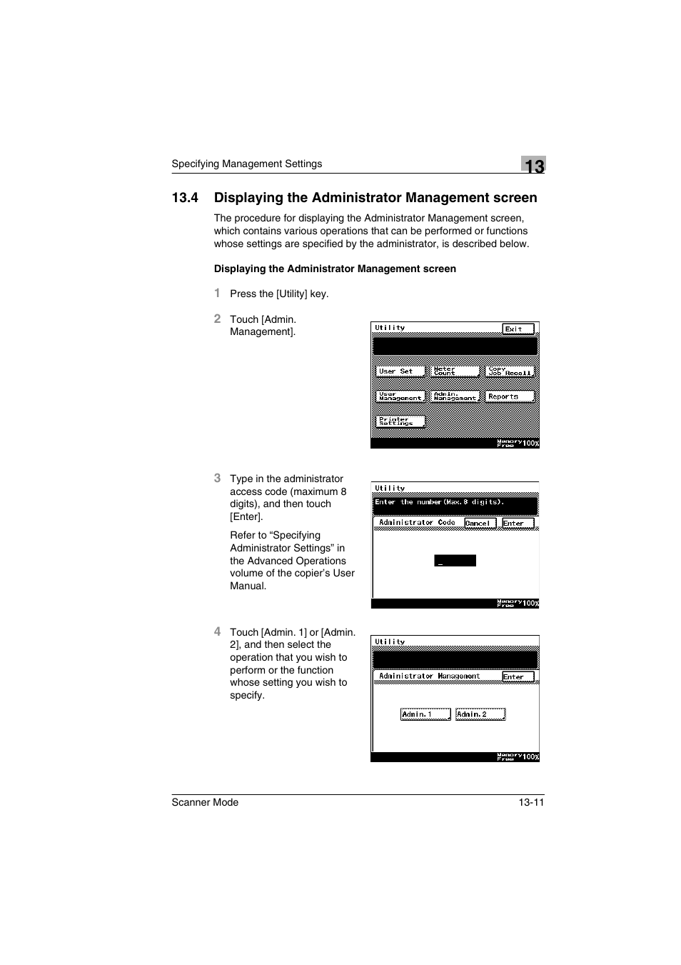 4 displaying the administrator management screen, Displaying the administrator management screen, Displaying the administrator management screen -11 | Minolta Scanner Mode User Manual | Page 230 / 314
