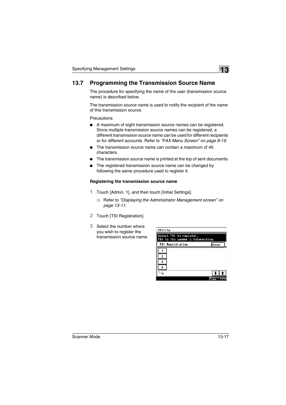 7 programming the transmission source name, Registering the transmission source name, Programming the transmission source name -17 | Registering the transmission source name -17 | Minolta Scanner Mode User Manual | Page 236 / 314