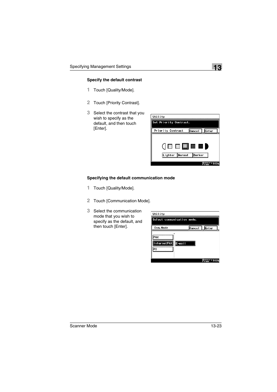 Specify the default contrast, Specifying the default communication mode, Specify the default contrast -23 | Specifying the default communication mode -23 | Minolta Scanner Mode User Manual | Page 242 / 314