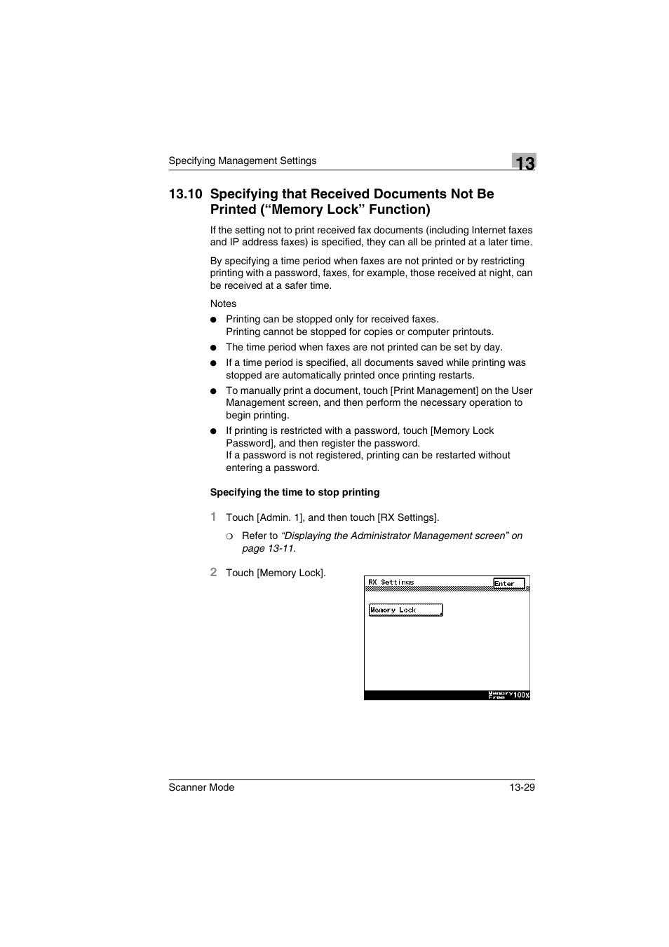 Specifying the time to stop printing, Memory lock” function) -29, Specifying the time to stop printing -29 | Minolta Scanner Mode User Manual | Page 248 / 314