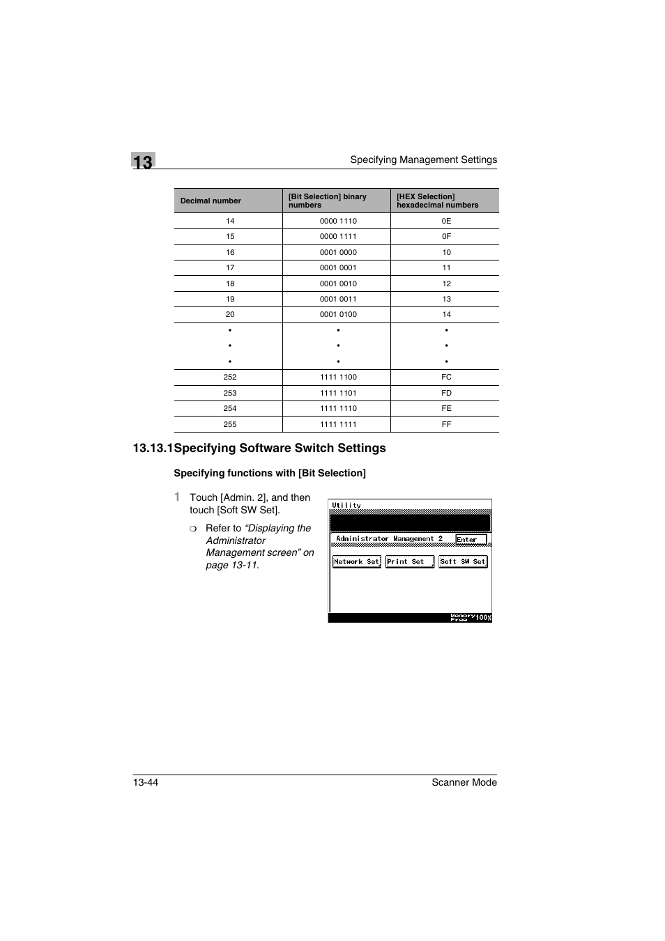 1 specifying software switch settings, Specifying functions with [bit selection, 1specifying software switch settings | Minolta Scanner Mode User Manual | Page 263 / 314