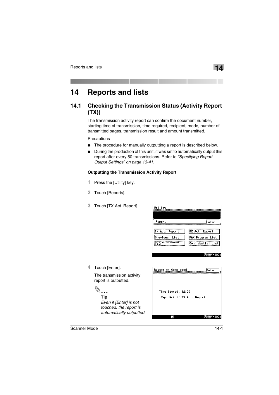 14 reports and lists, 1 outputting the transmission activity report, Outputting the transmission activity report -1 | Minolta Scanner Mode User Manual | Page 276 / 314