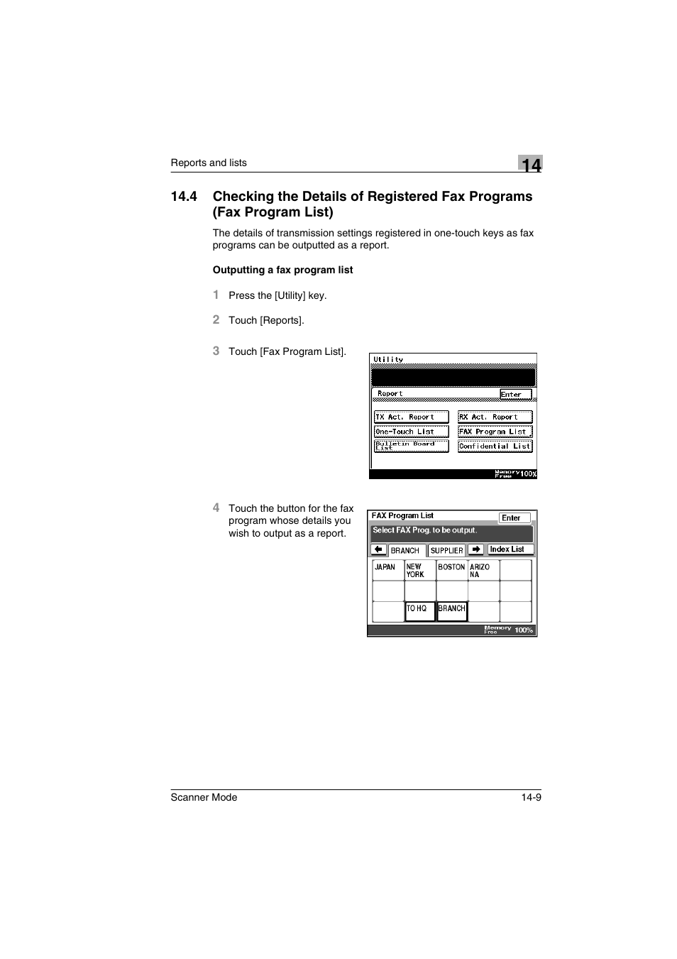 Outputting a fax program list, Outputting a fax program list -9 | Minolta Scanner Mode User Manual | Page 284 / 314