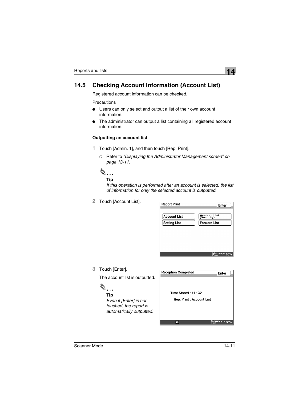 5 checking account information (account list), Outputting an account list, Checking account information (account list) -11 | Outputting an account list -11 | Minolta Scanner Mode User Manual | Page 286 / 314