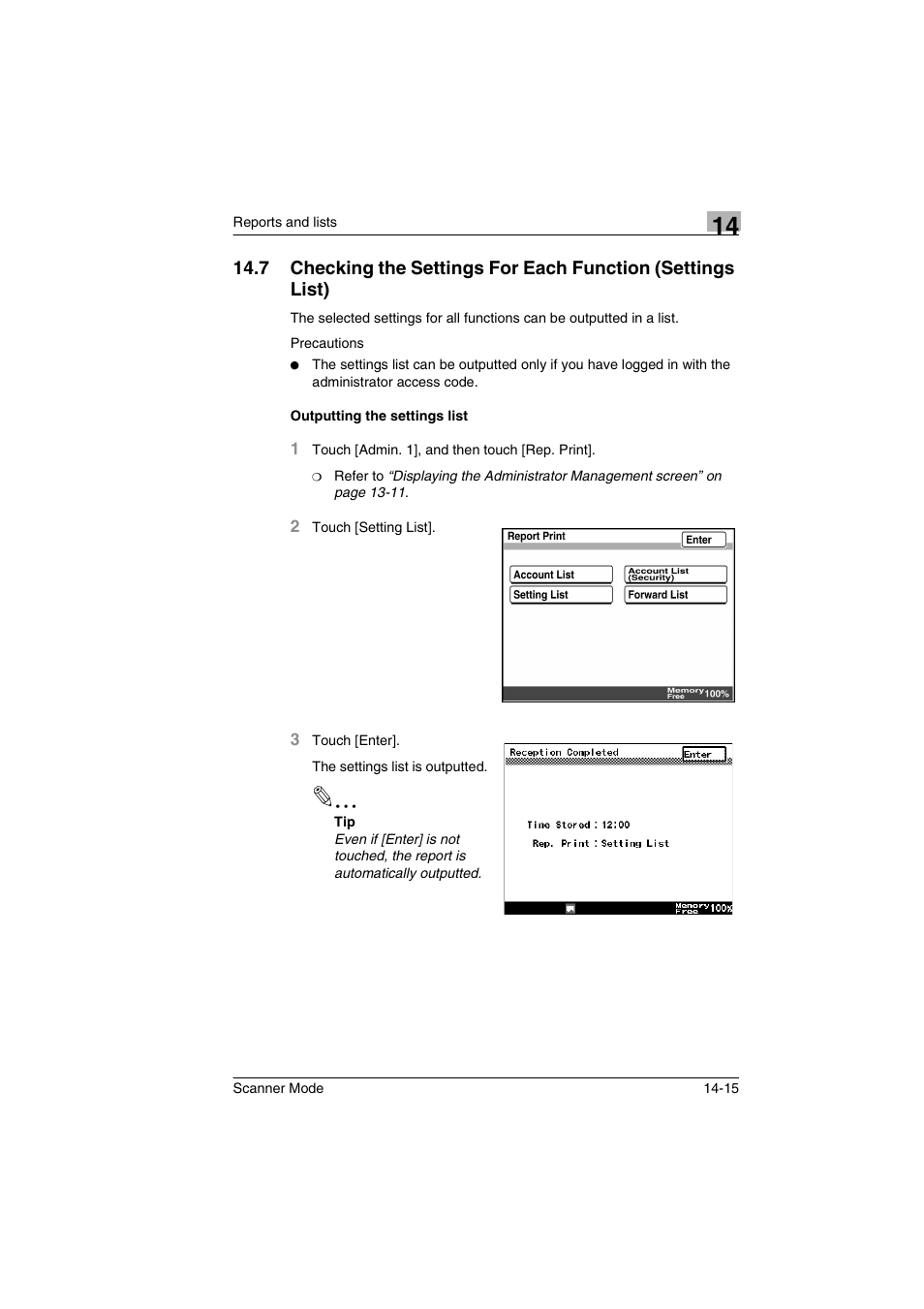 Outputting the settings list, Outputting the settings list -15 | Minolta Scanner Mode User Manual | Page 290 / 314