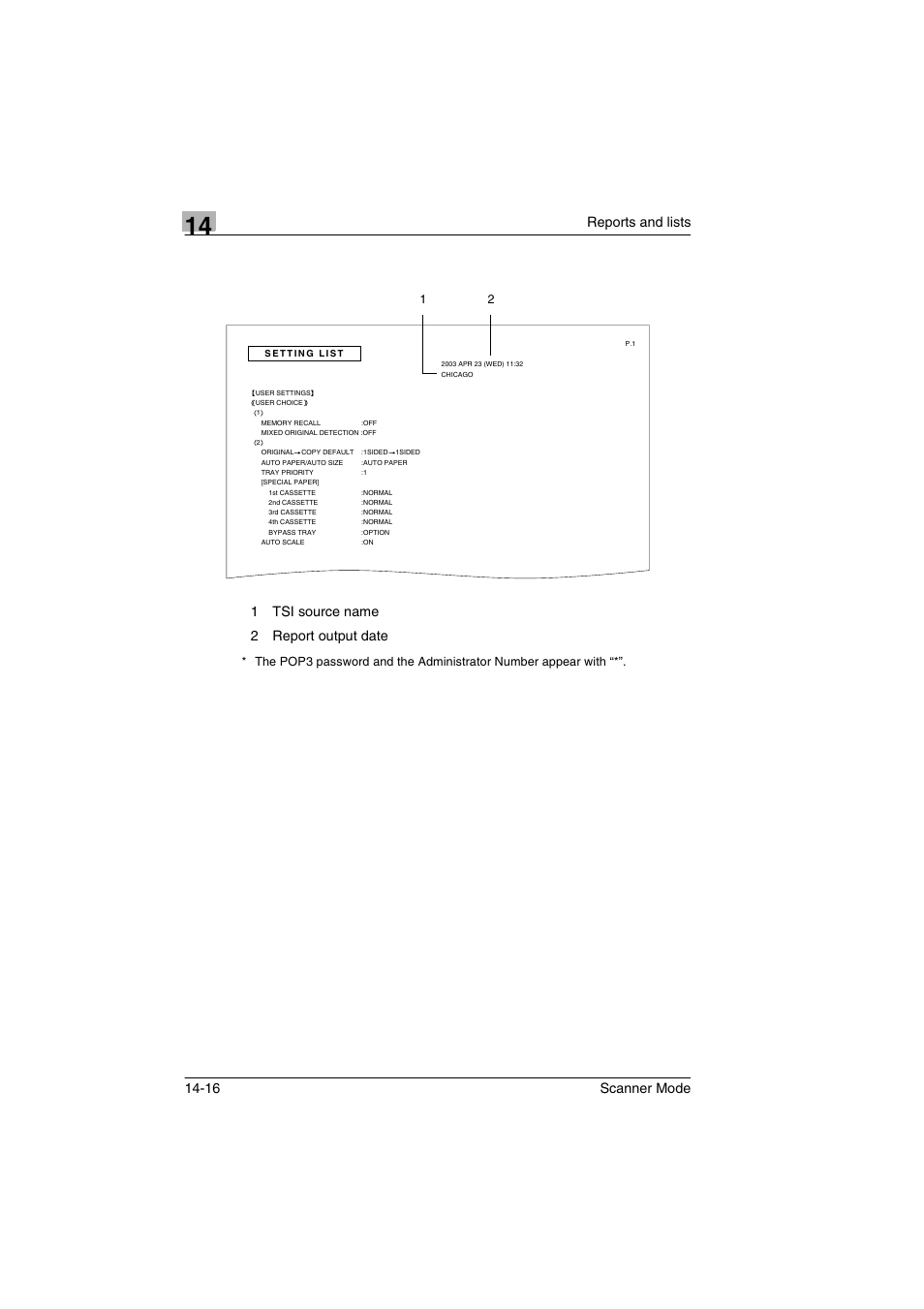 Reports and lists 14-16 scanner mode, 1tsi source name 2 report output date | Minolta Scanner Mode User Manual | Page 291 / 314