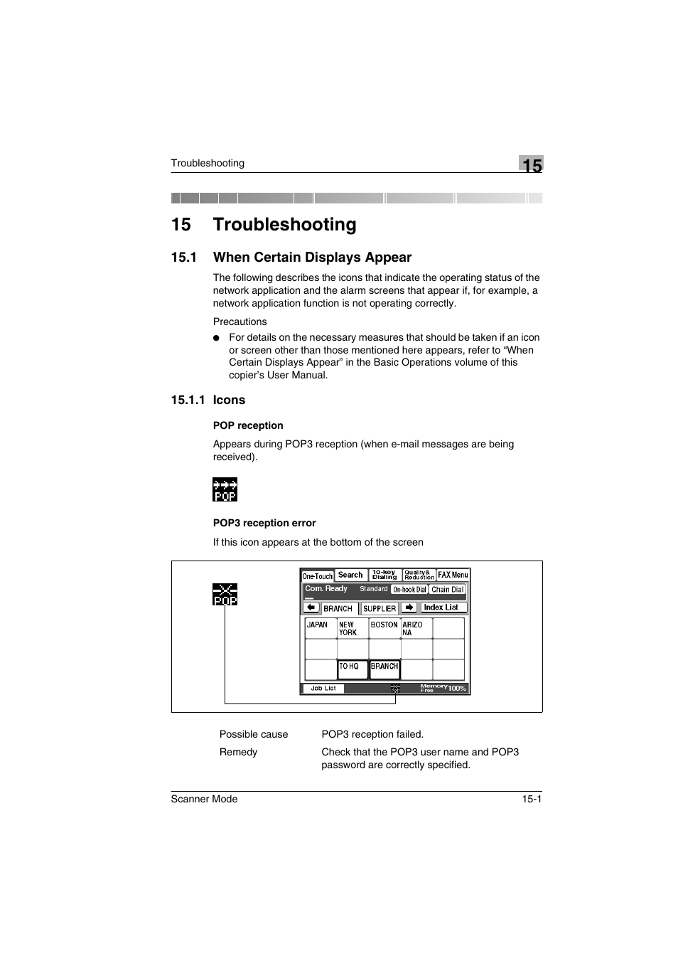 15 troubleshooting, 1 when certain displays appear, 1 icons | Pop reception, Pop3 reception error, When certain displays appear -1, Icons -1 pop reception -1 pop3 reception error -1 | Minolta Scanner Mode User Manual | Page 294 / 314