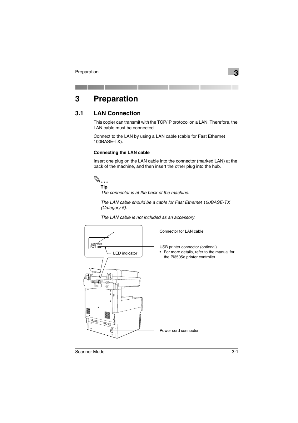 3 preparation, 1 lan connection, Connecting the lan cable | Preparation, Lan connection -1, Connecting the lan cable -1, 3preparation | Minolta Scanner Mode User Manual | Page 34 / 314