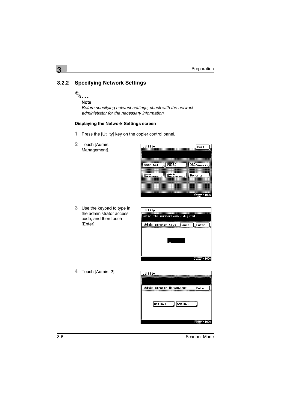 2 specifying network settings, Displaying the network settings screen | Minolta Scanner Mode User Manual | Page 39 / 314