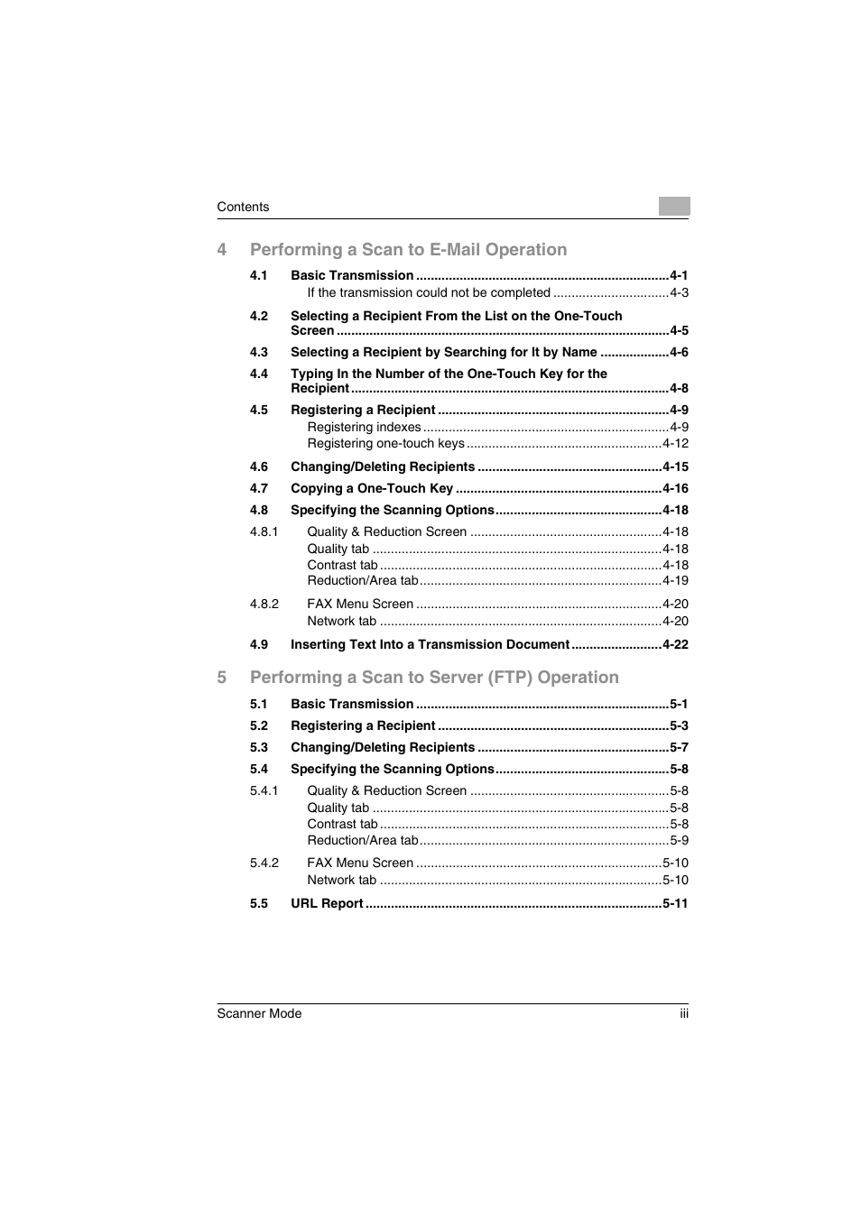 4performing a scan to e-mail operation, 5performing a scan to server (ftp) operation | Minolta Scanner Mode User Manual | Page 4 / 314