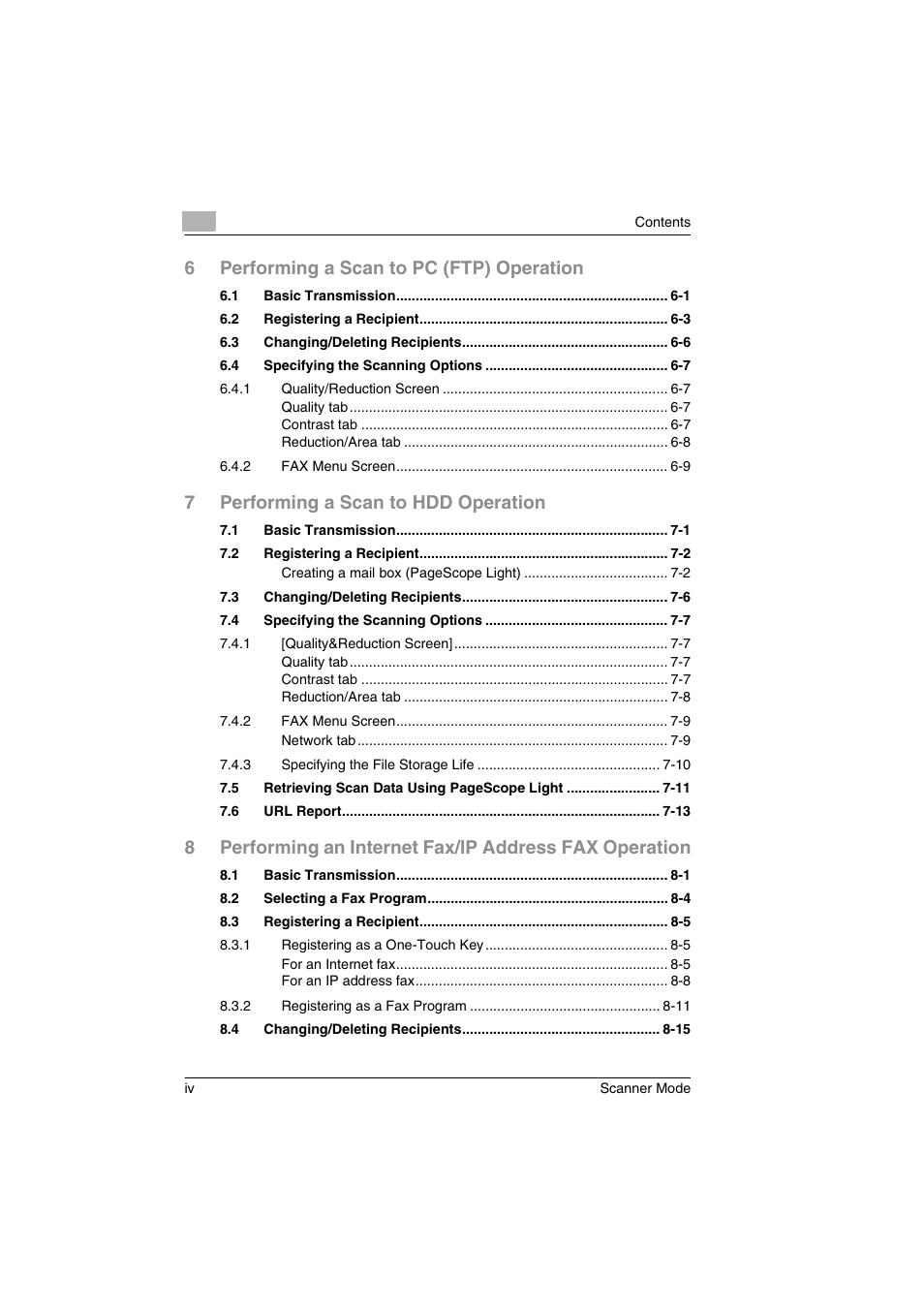 6performing a scan to pc (ftp) operation, 7performing a scan to hdd operation | Minolta Scanner Mode User Manual | Page 5 / 314