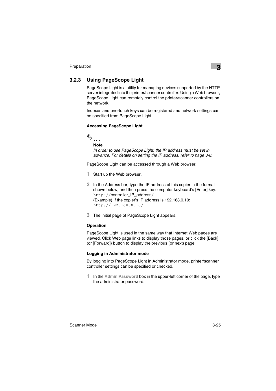 Operation, Logging in administrator mode | Minolta Scanner Mode User Manual | Page 58 / 314