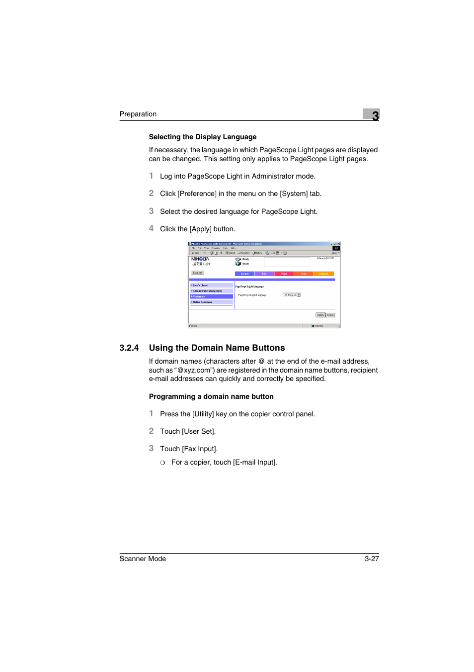 Selecting the display language, 4 using the domain name buttons, Programming a domain name button | Selecting the display language -27 | Minolta Scanner Mode User Manual | Page 60 / 314