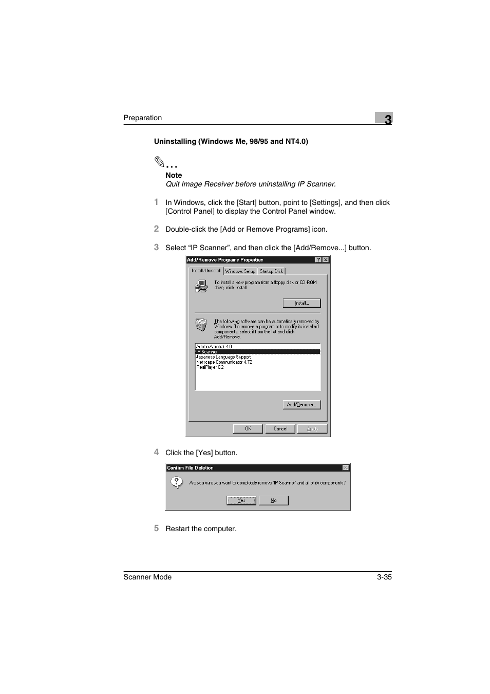 Uninstalling (windows me, 98/95 and nt4.0), Uninstalling (windows me, 98/95 and nt4.0) -35 | Minolta Scanner Mode User Manual | Page 68 / 314