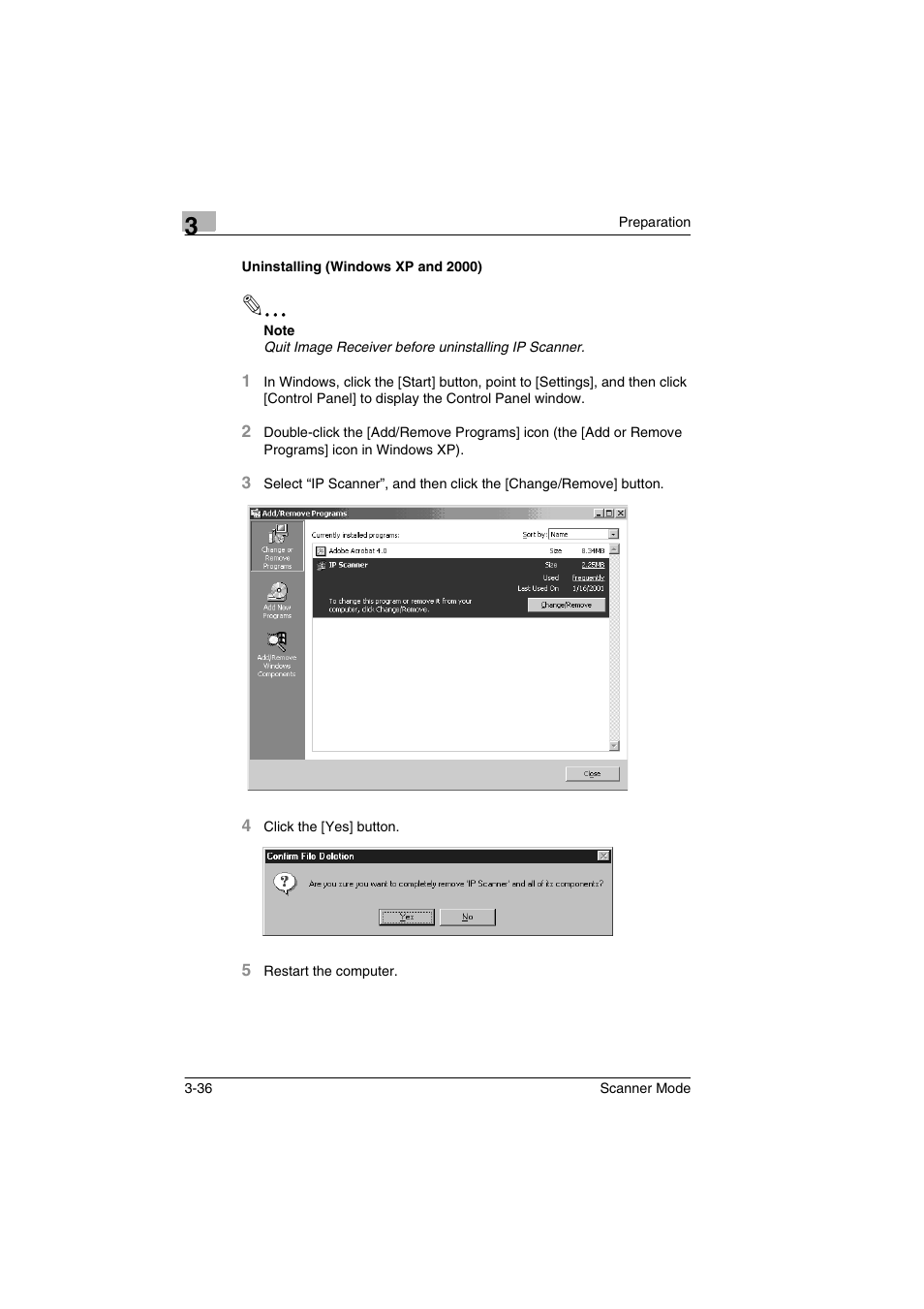 Uninstalling (windows xp and 2000), Uninstalling (windows xp and 2000) -36 | Minolta Scanner Mode User Manual | Page 69 / 314