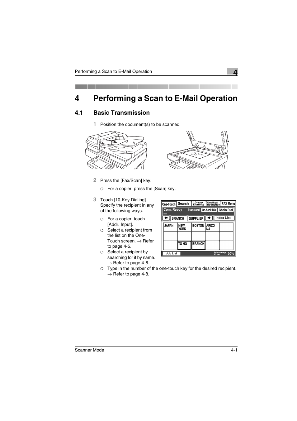 4 performing a scan to e-mail operation, 1 basic transmission, Performing a scan to e-mail operation | Basic transmission -1, 4performing a scan to e-mail operation | Minolta Scanner Mode User Manual | Page 70 / 314