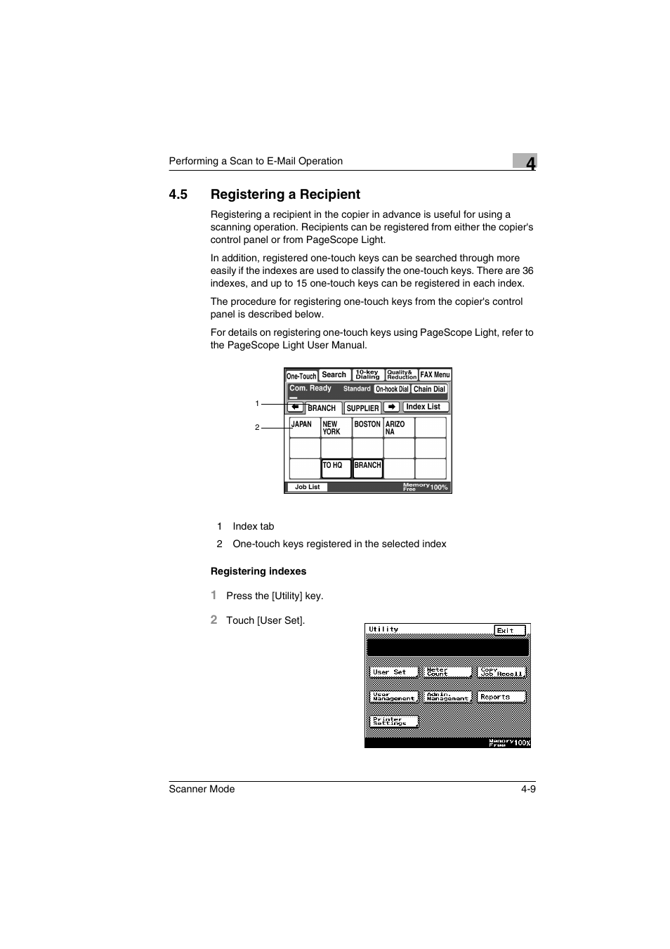 5 registering a recipient, Registering indexes, Registering a recipient -9 | Registering indexes -9 | Minolta Scanner Mode User Manual | Page 78 / 314