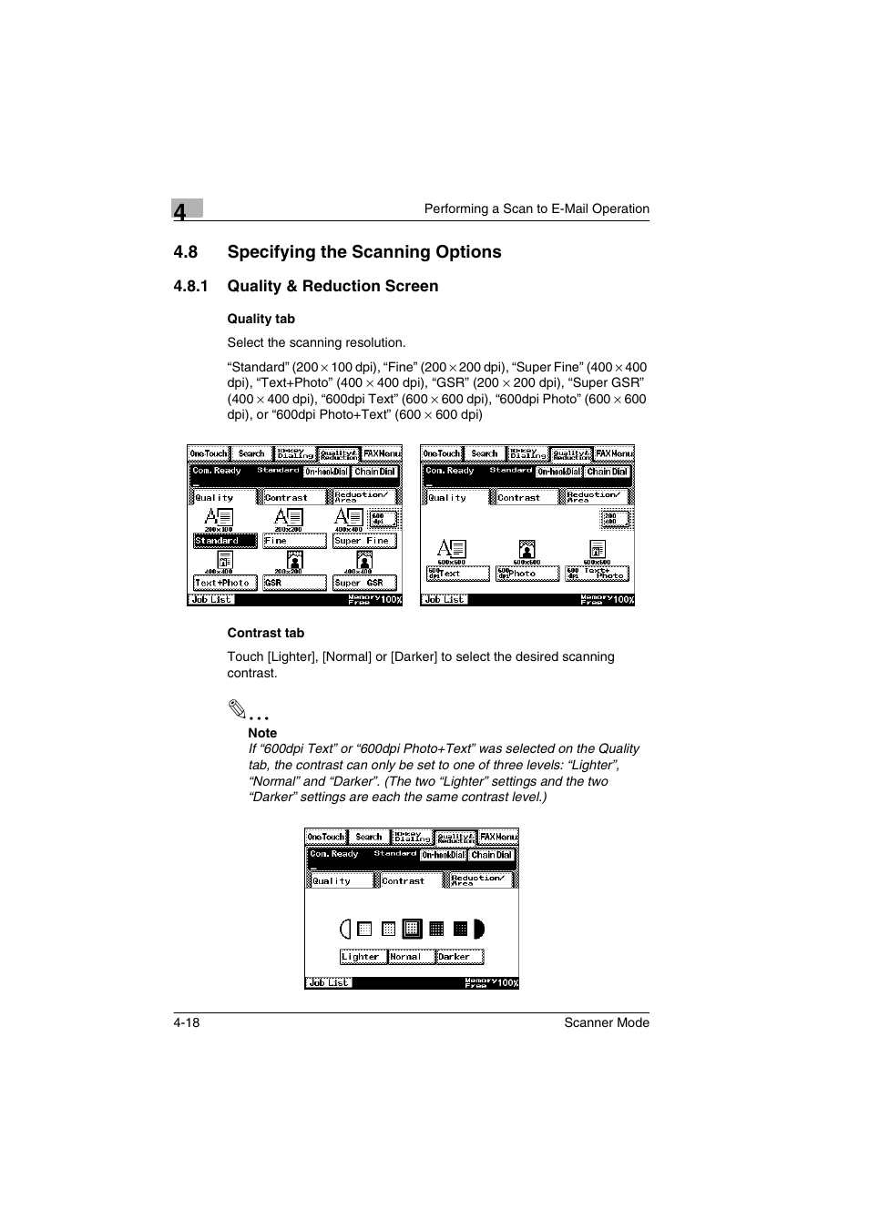 8 specifying the scanning options, 1 quality & reduction screen, Quality tab | Contrast tab, Specifying the scanning options -18 | Minolta Scanner Mode User Manual | Page 87 / 314