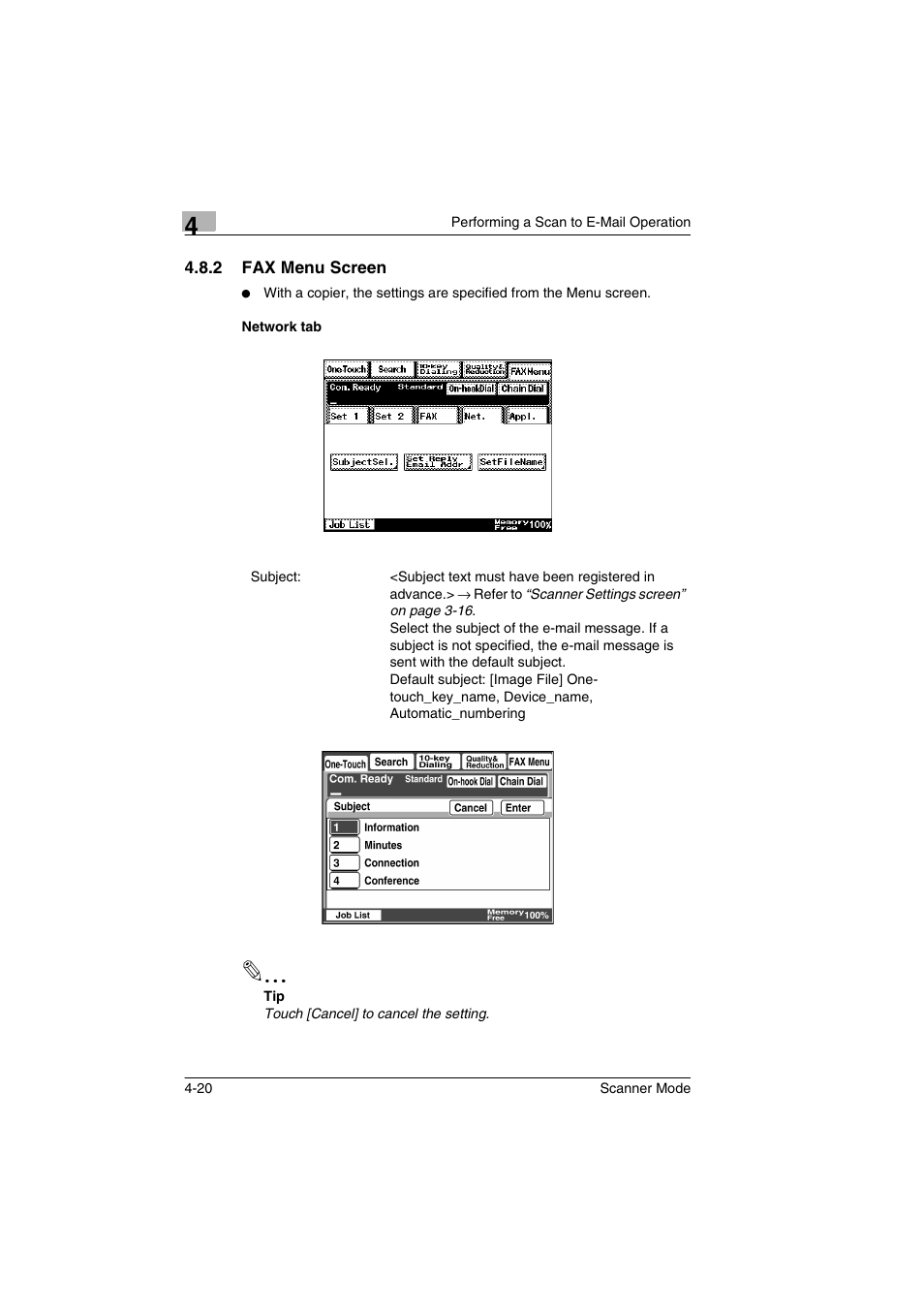 2 fax menu screen, Network tab, Fax menu screen -20 network tab -20 | Minolta Scanner Mode User Manual | Page 89 / 314