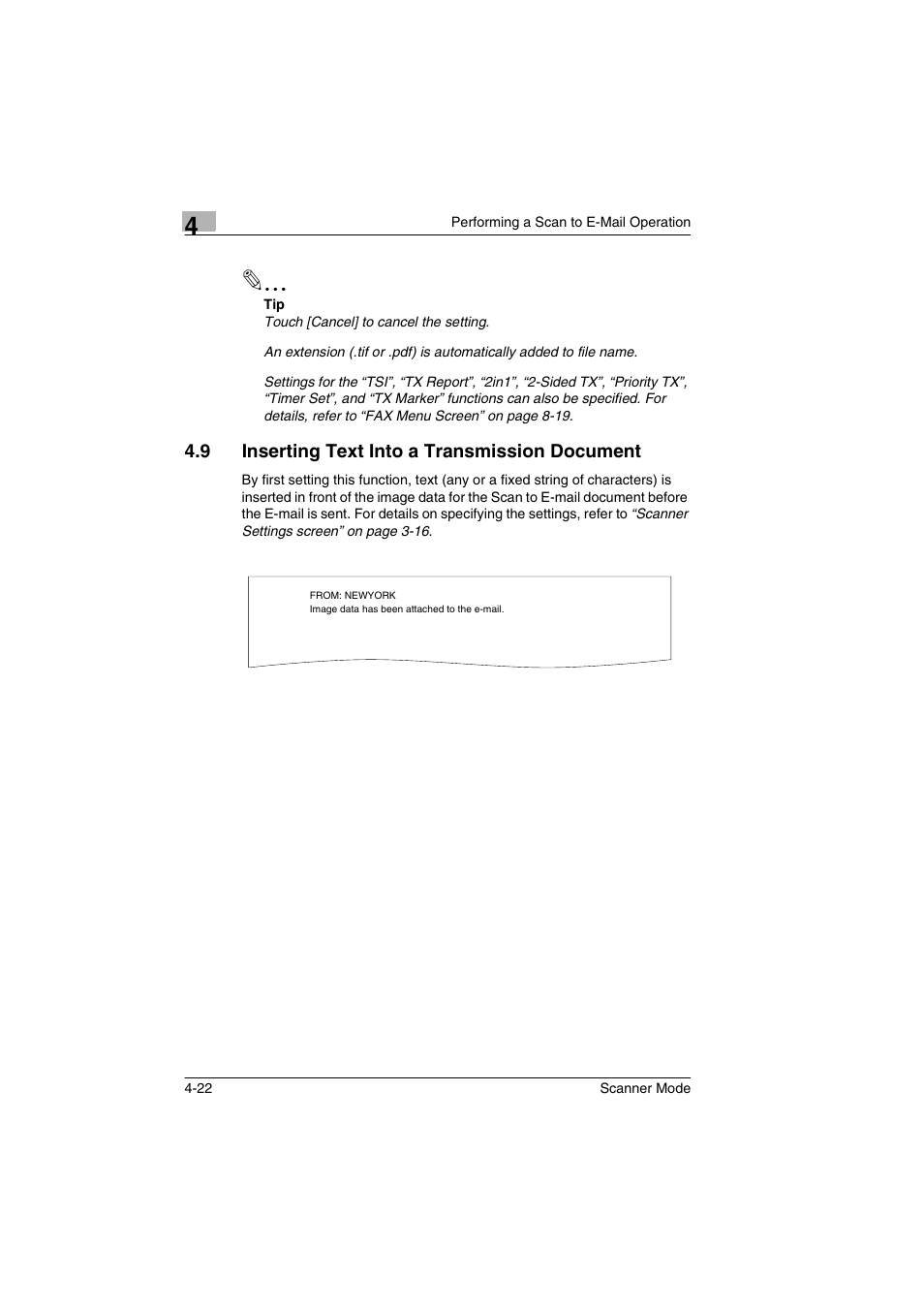 9 inserting text into a transmission document, Inserting text into a transmission document -22 | Minolta Scanner Mode User Manual | Page 91 / 314