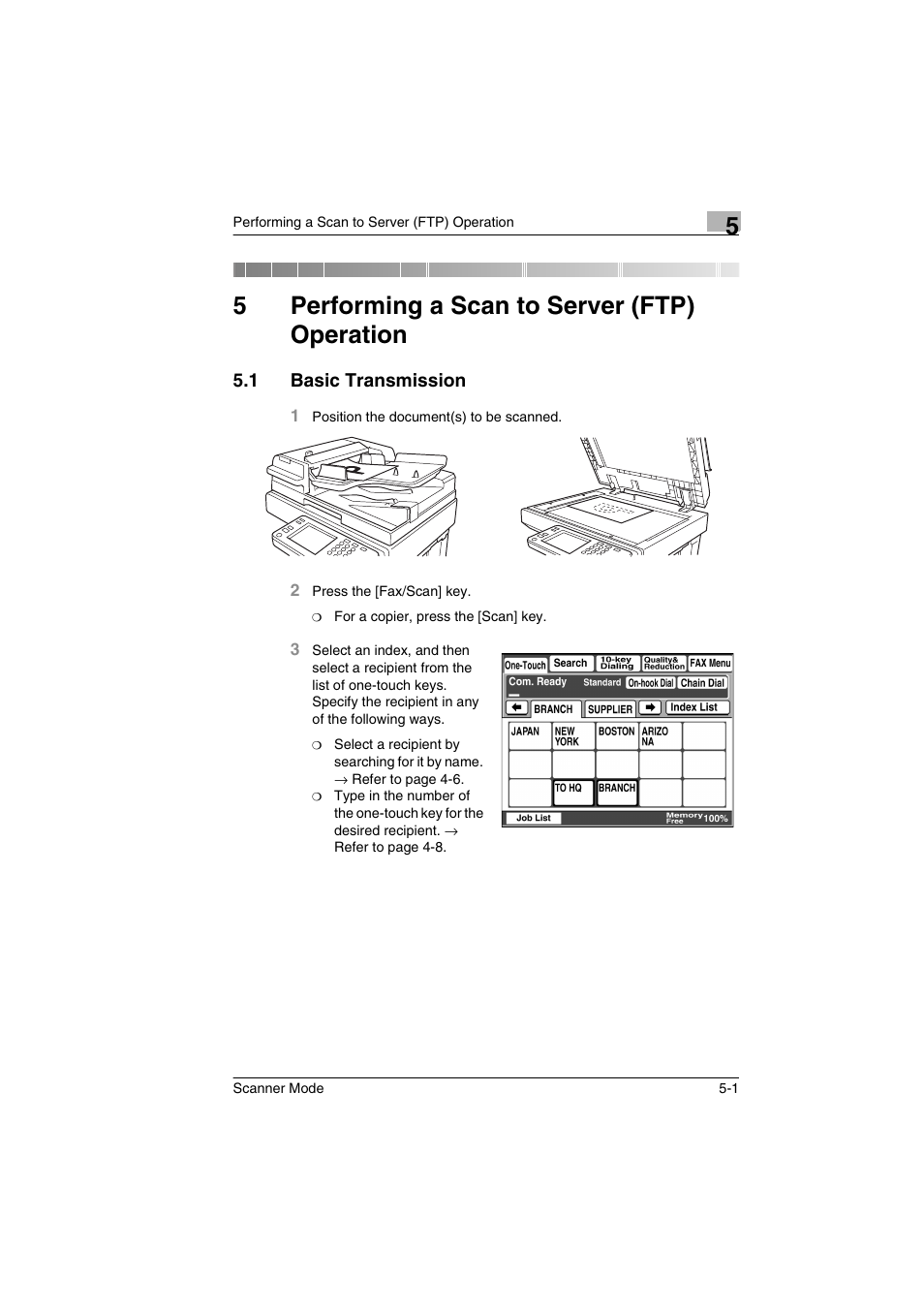 5 performing a scan to server (ftp) operation, 1 basic transmission, Performing a scan to server (ftp) operation | Basic transmission -1, 5performing a scan to server (ftp) operation | Minolta Scanner Mode User Manual | Page 92 / 314