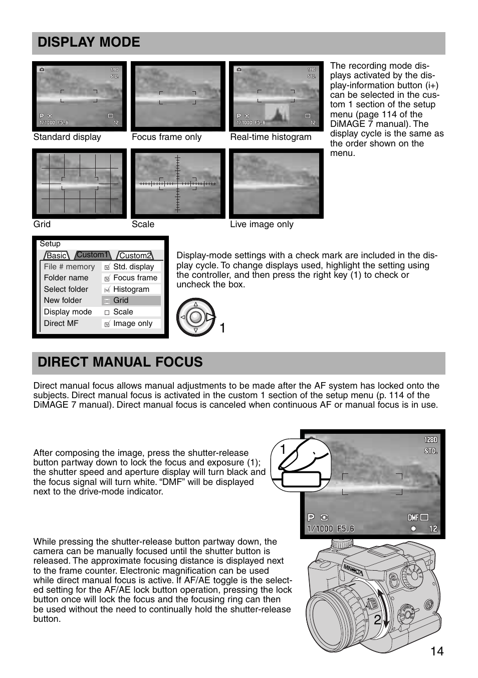 Display mode direct manual focus, Display mode, 1direct manual focus | Minolta dimage7 User Manual | Page 14 / 16