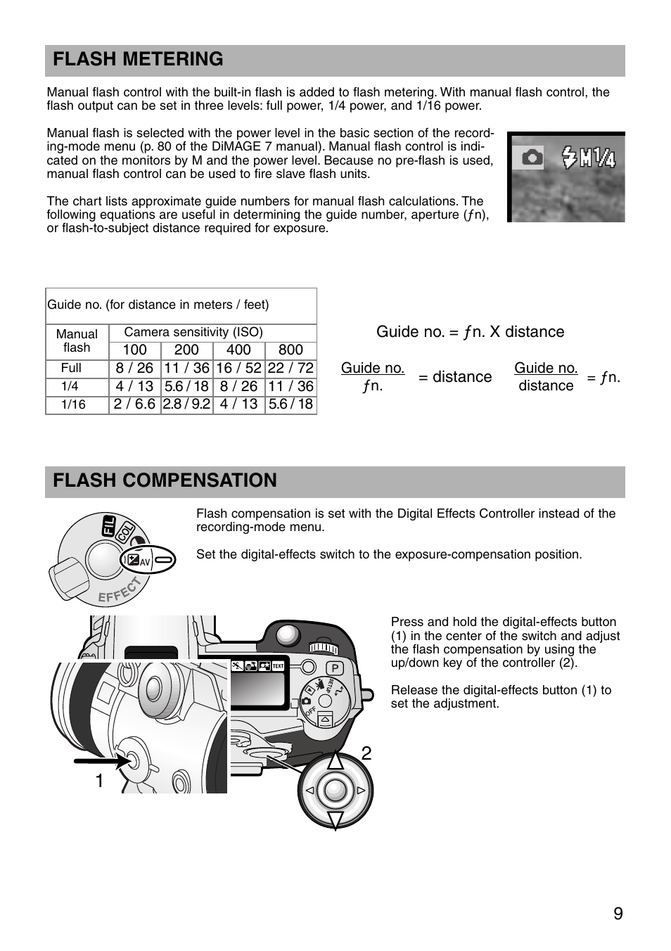 Flash metering flash compensation, Flash metering, Flash compensation | Minolta dimage7 User Manual | Page 9 / 16