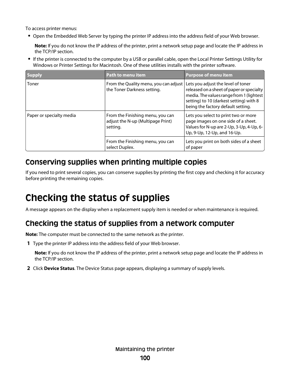 Checking the status of supplies, Conserving supplies when printing multiple copies | Minolta E260 User Manual | Page 100 / 156