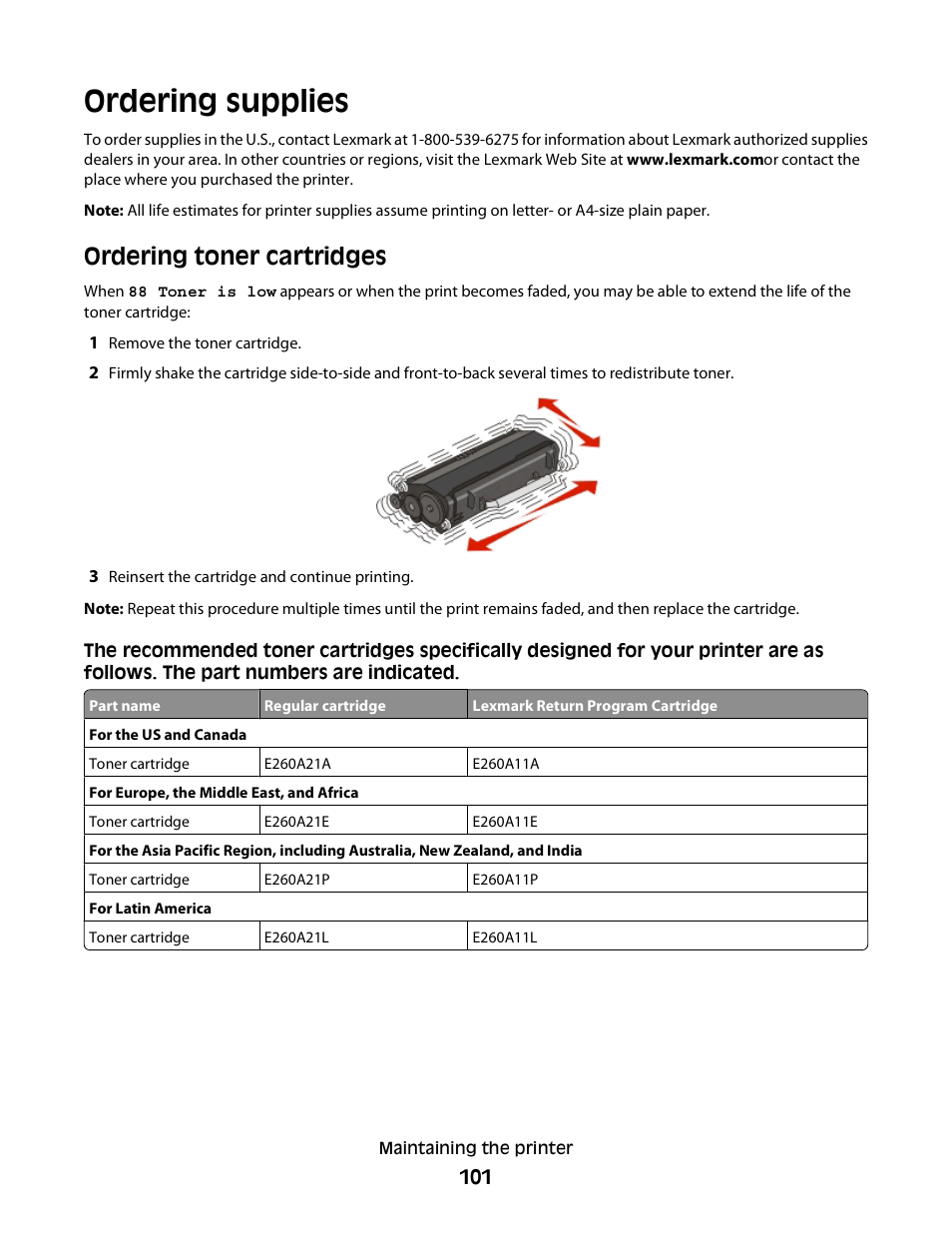 Ordering supplies, Ordering toner cartridges | Minolta E260 User Manual | Page 101 / 156