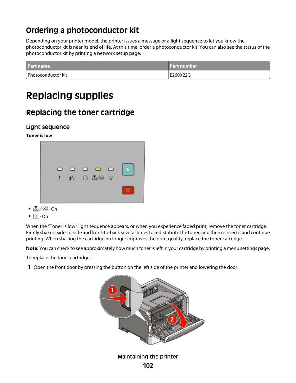 Ordering a photoconductor kit, Replacing supplies, Replacing the toner cartridge | Minolta E260 User Manual | Page 102 / 156