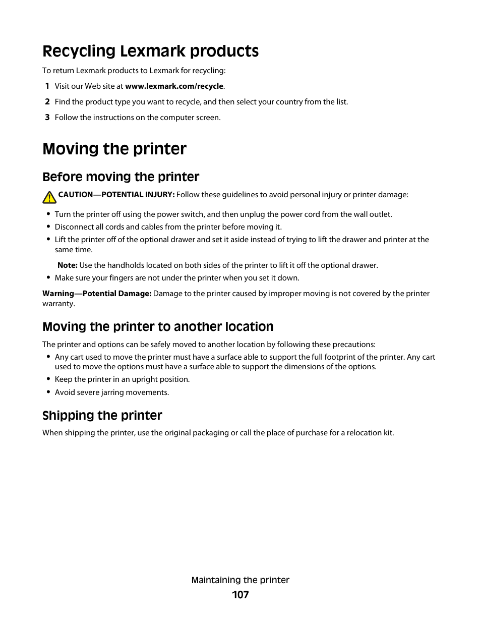 Recycling lexmark products, Moving the printer, Before moving the printer | Moving the printer to another location, Shipping the printer | Minolta E260 User Manual | Page 107 / 156