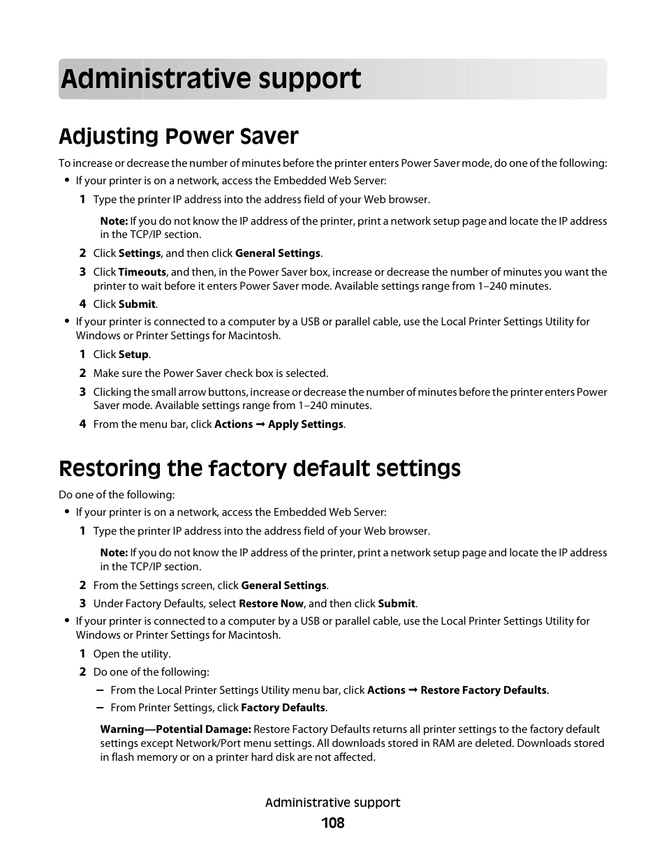 Administrative support, Adjusting power saver, Restoring the factory default settings | Minolta E260 User Manual | Page 108 / 156