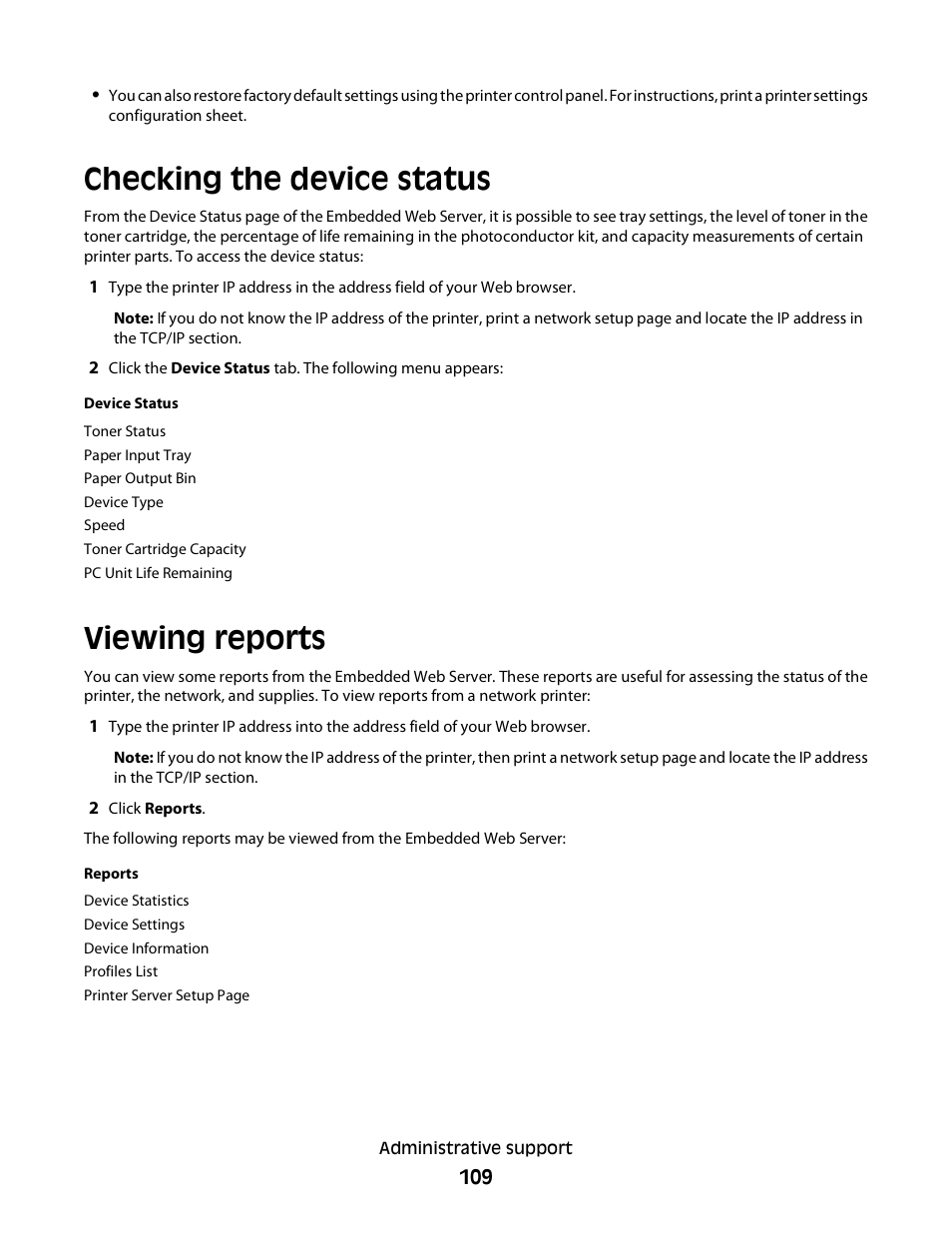 Checking the device status, Viewing reports | Minolta E260 User Manual | Page 109 / 156