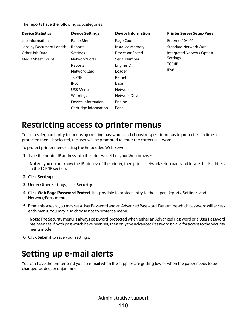 Restricting access to printer menus, Setting up e-mail alerts | Minolta E260 User Manual | Page 110 / 156