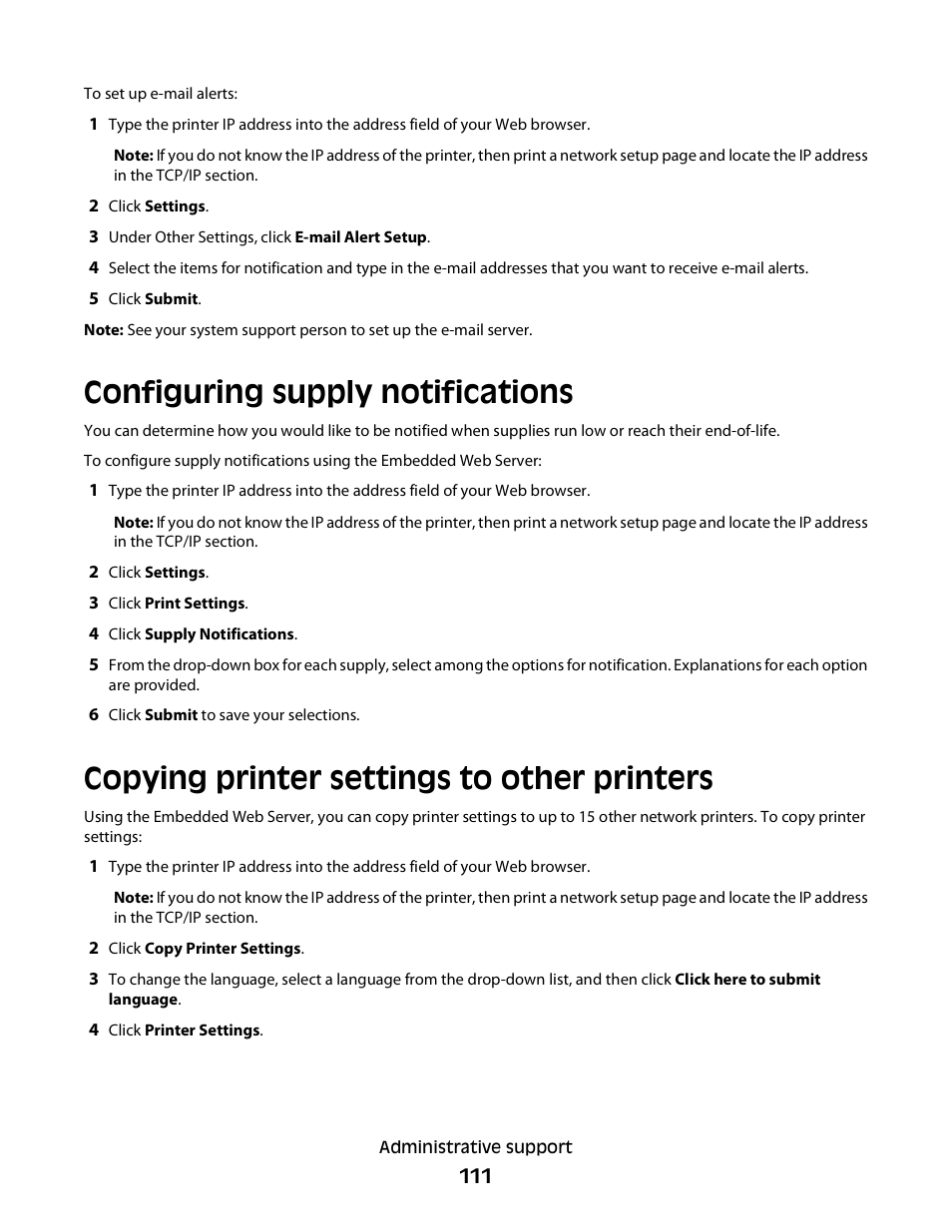 Configuring supply notifications, Copying printer settings to other printers | Minolta E260 User Manual | Page 111 / 156