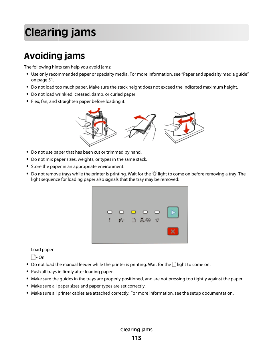 Clearing jams, Avoiding jams | Minolta E260 User Manual | Page 113 / 156