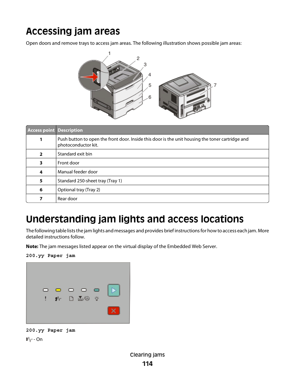Accessing jam areas, Understanding jam lights and access locations | Minolta E260 User Manual | Page 114 / 156