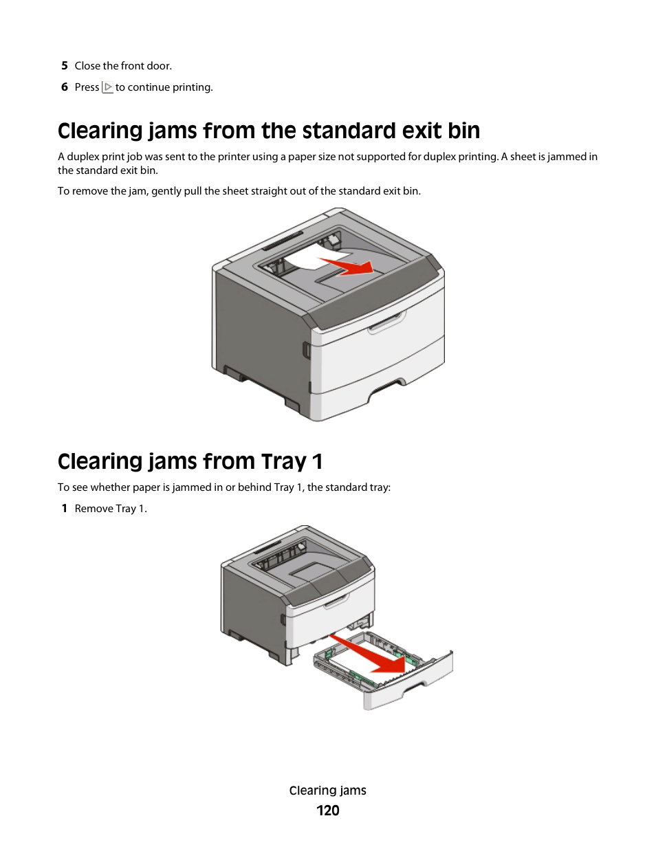 Clearing jams from the standard exit bin, Clearing jams from tray 1 | Minolta E260 User Manual | Page 120 / 156