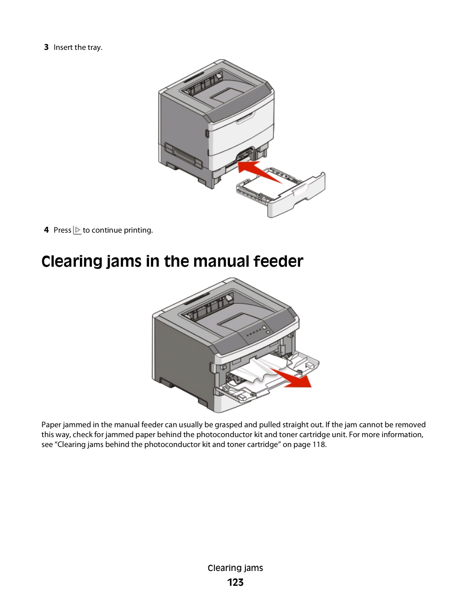 Clearing jams in the manual feeder | Minolta E260 User Manual | Page 123 / 156