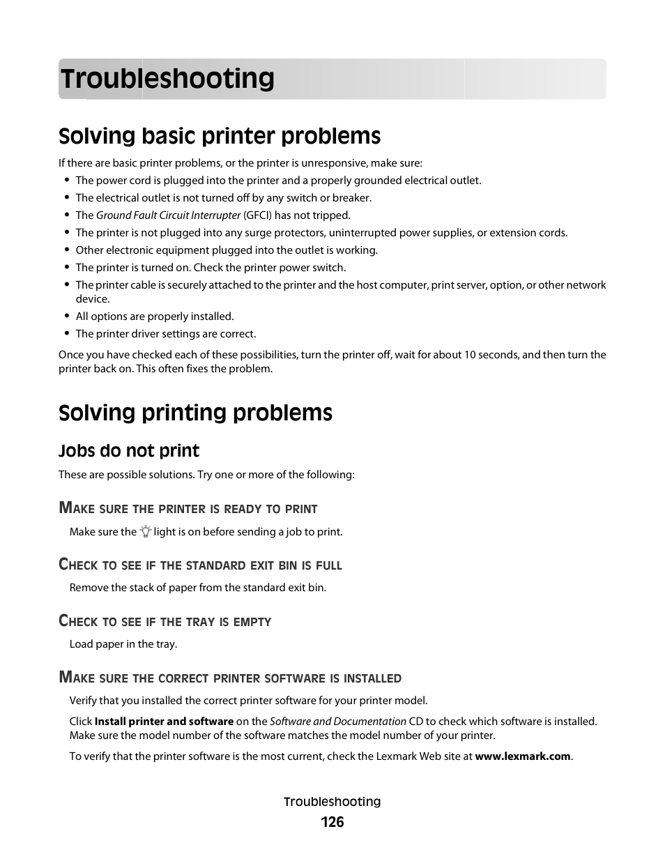 Troubleshooting, Solving basic printer problems, Solving printing problems | Jobs do not print | Minolta E260 User Manual | Page 126 / 156