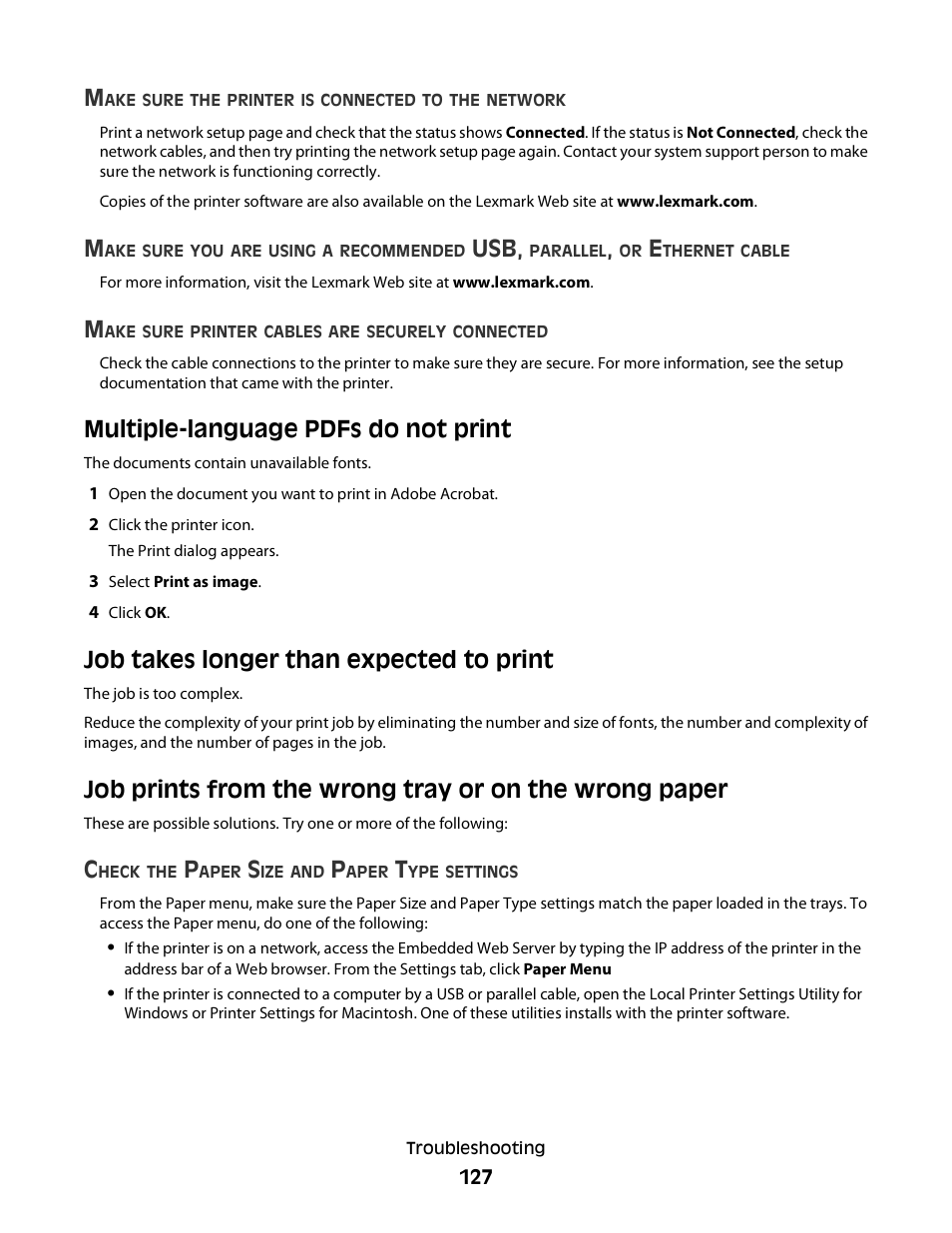 Multiple-language pdfs do not print, Job takes longer than expected to print | Minolta E260 User Manual | Page 127 / 156