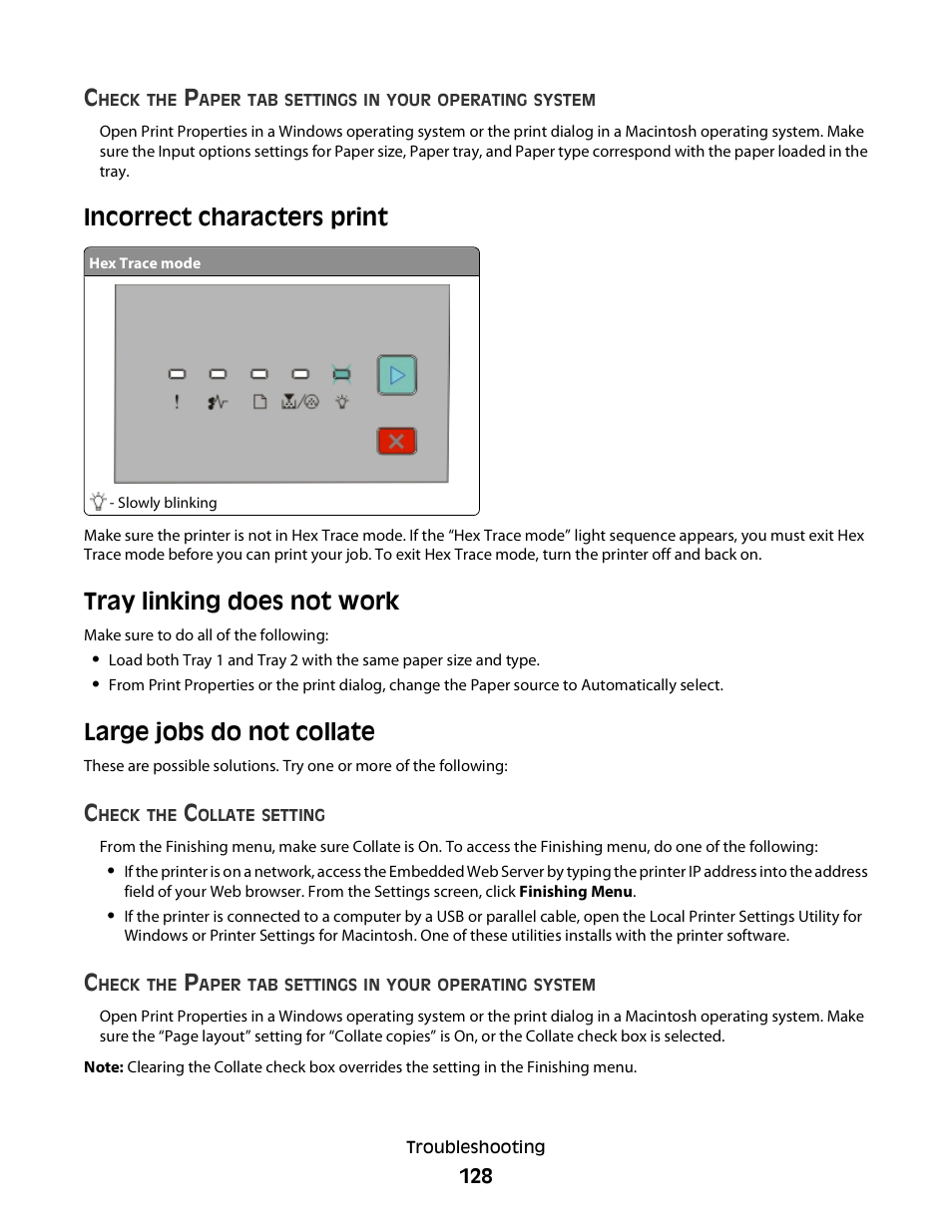 Incorrect characters print, Tray linking does not work, Large jobs do not collate | Minolta E260 User Manual | Page 128 / 156