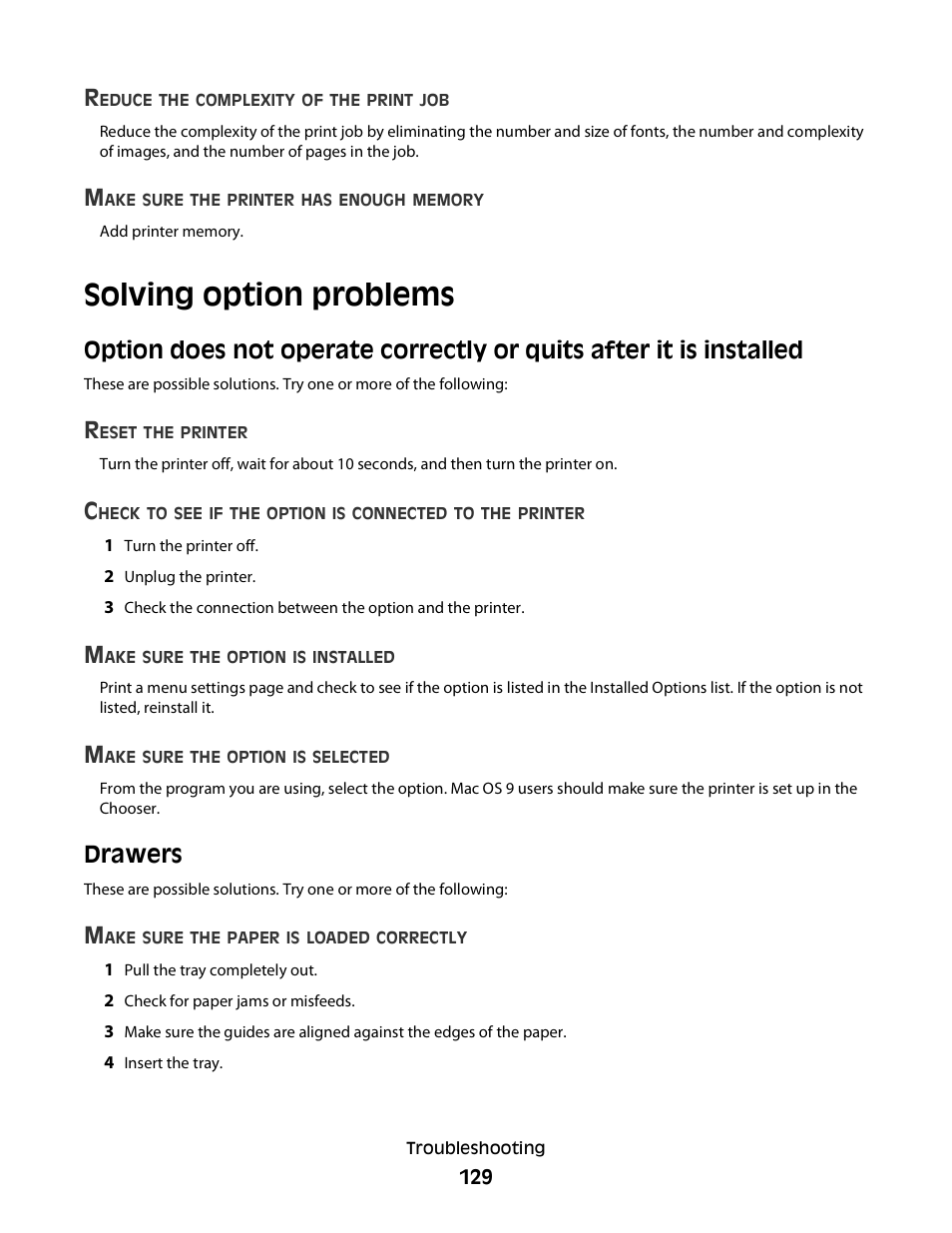 Solving option problems, Drawers | Minolta E260 User Manual | Page 129 / 156