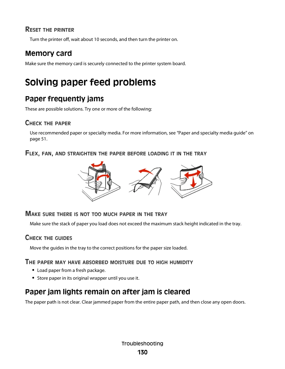 Memory card, Solving paper feed problems, Paper frequently jams | Paper jam lights remain on after jam is cleared | Minolta E260 User Manual | Page 130 / 156